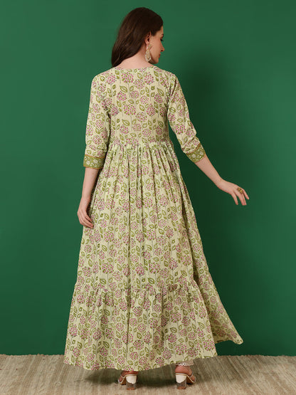 Cotton Printed Embroidered Ankle Length 3/4 Sleeve Round Neck Tiered Kurta