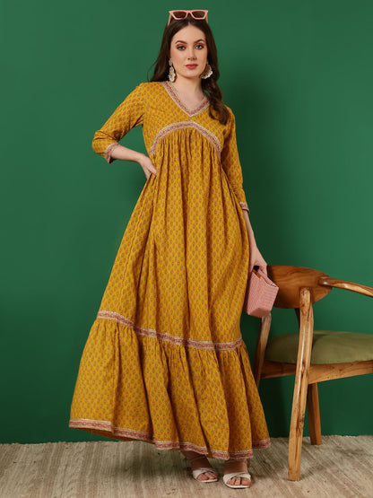 Cotton Printed Ankle Length 3/4 Sleeve V-Neck Alia Cut Tiered Kurta