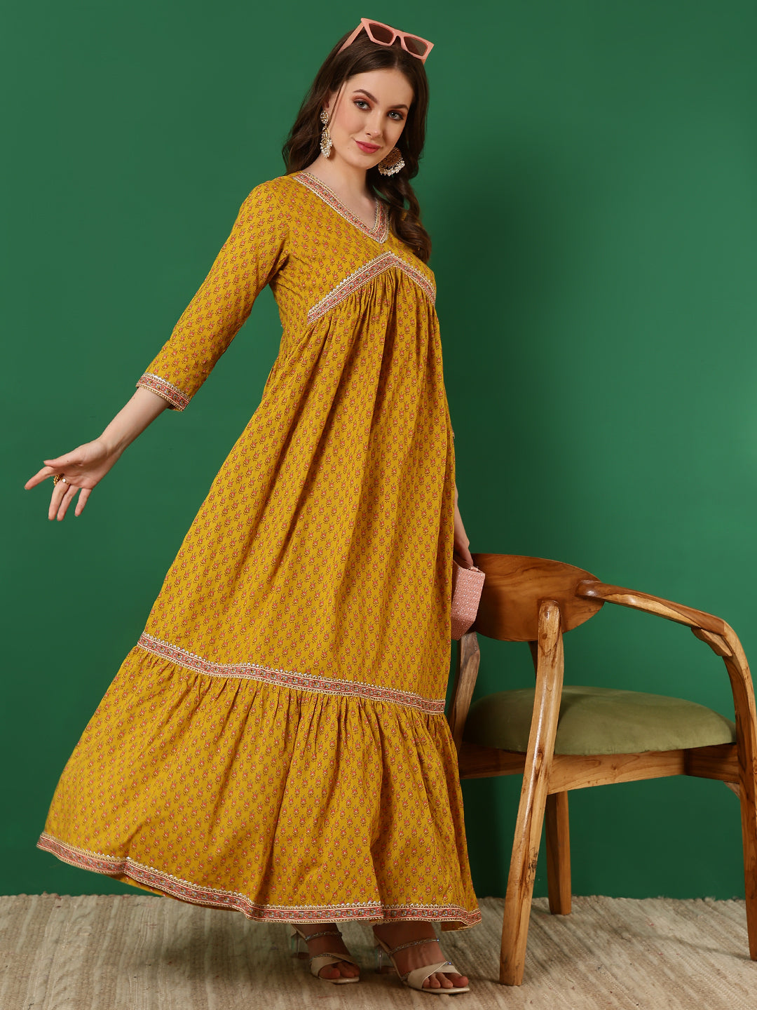 Cotton Printed Ankle Length 3/4 Sleeve V-Neck Alia Cut Tiered Kurta