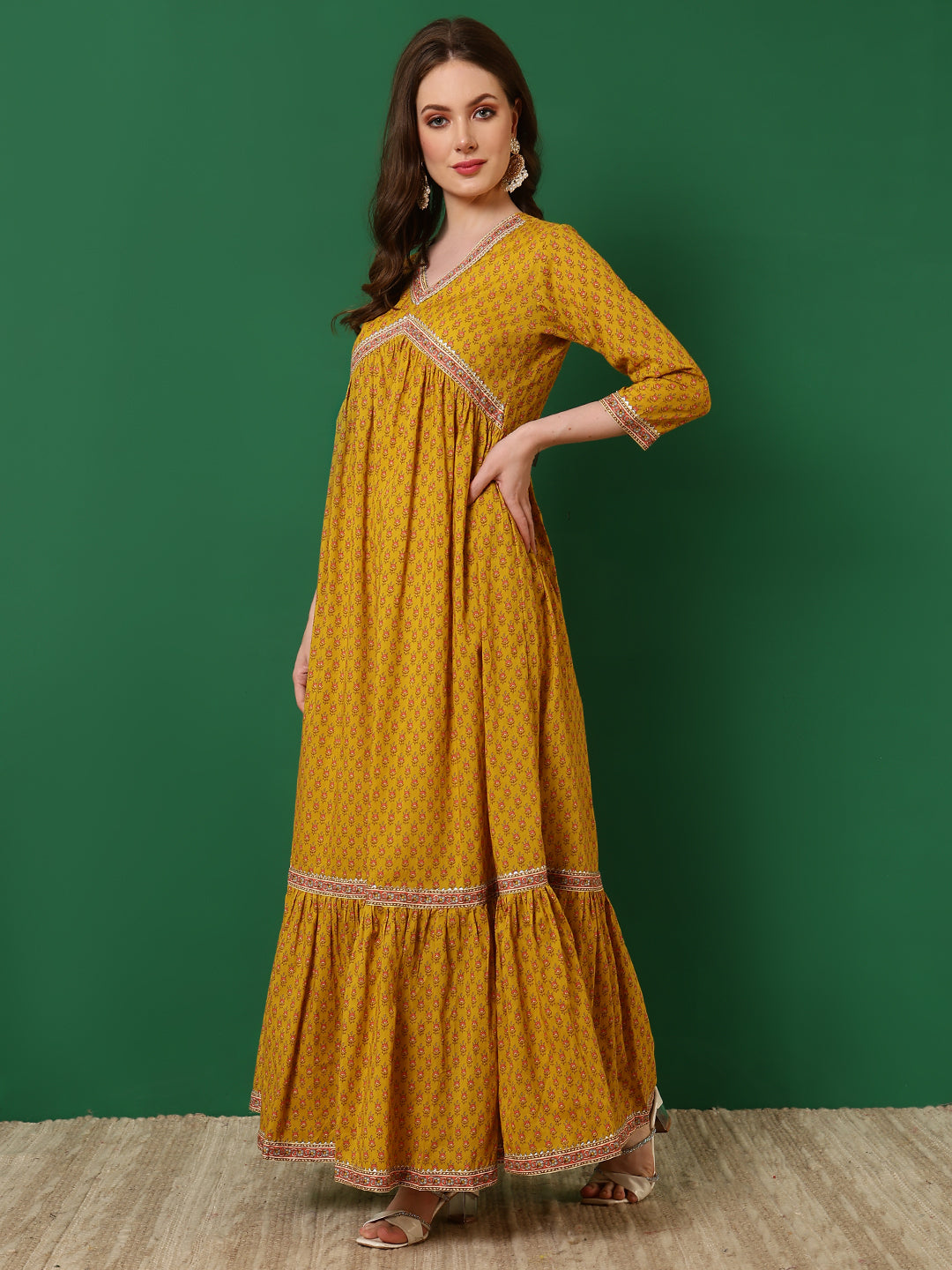 Cotton Printed Ankle Length 3/4 Sleeve V-Neck Alia Cut Tiered Kurta