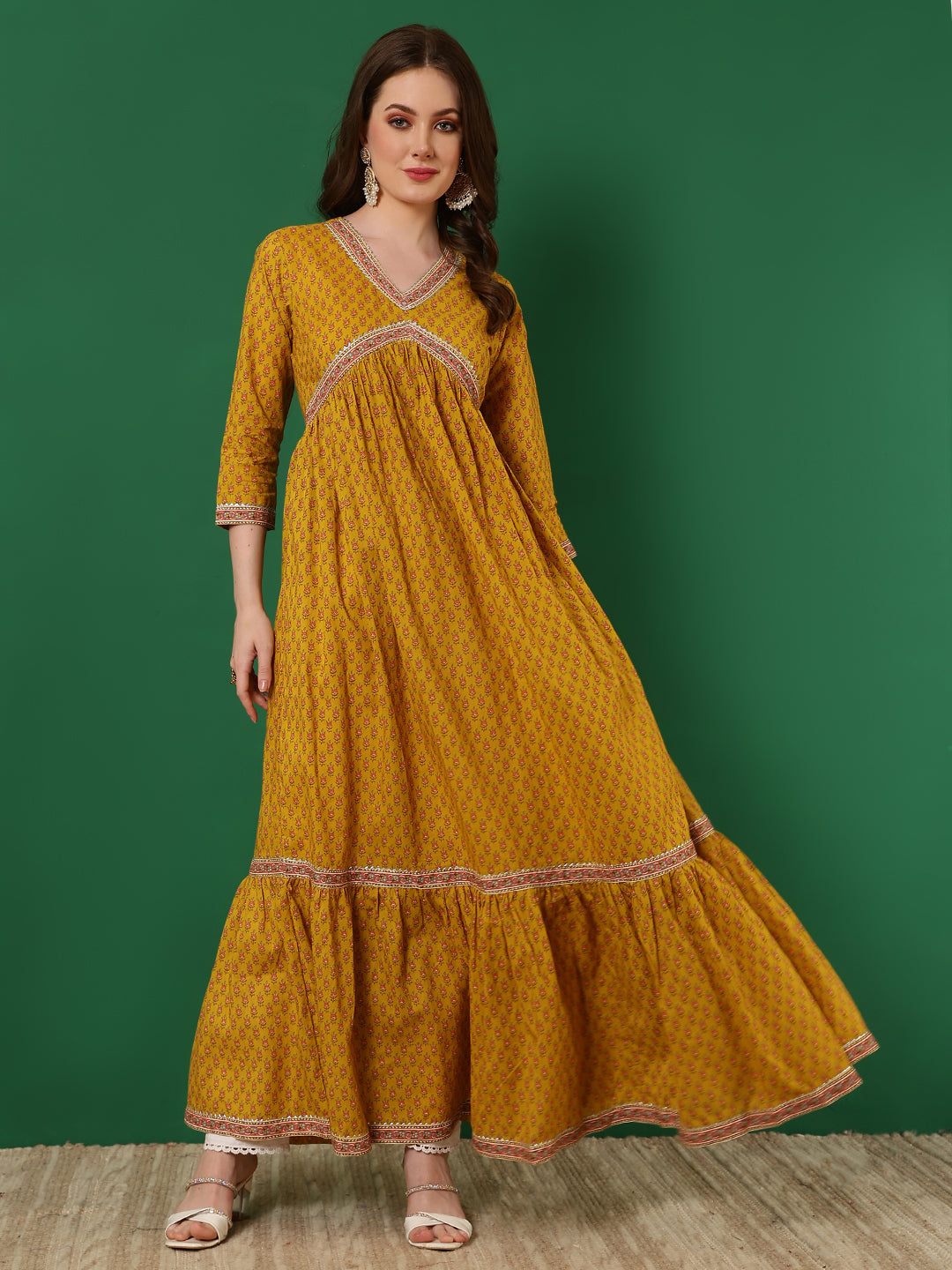 Cotton Printed Ankle Length 3/4 Sleeve V-Neck Alia Cut Tiered Kurta
