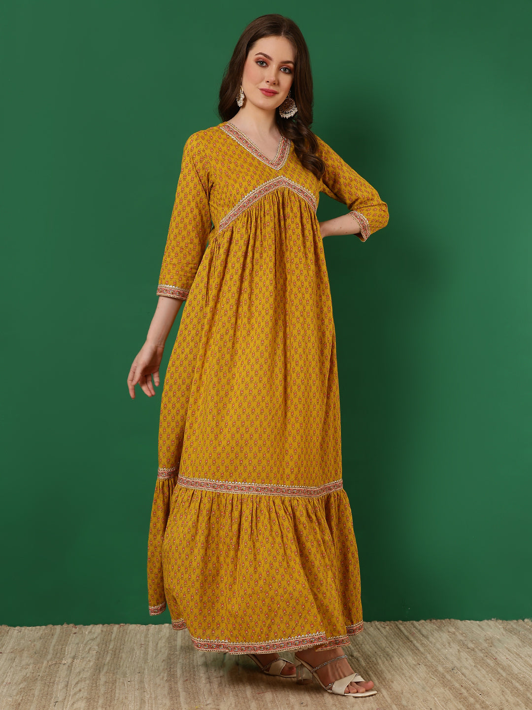 Cotton Printed Ankle Length 3/4 Sleeve V-Neck Alia Cut Tiered Kurta