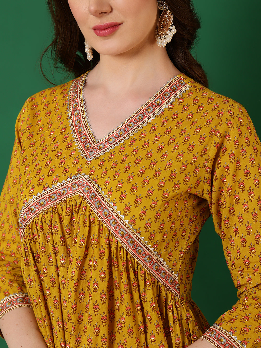 Cotton Printed Ankle Length 3/4 Sleeve V-Neck Alia Cut Tiered Kurta