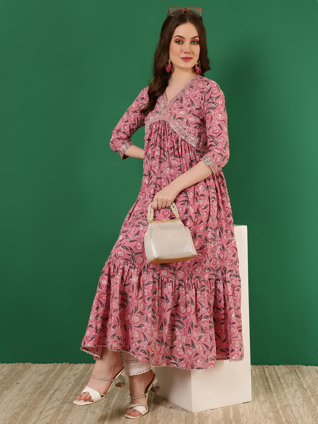 Cotton Printed Embroidered Ankle Length 3/4 Sleeve V-Neck Alia Cut Tiered Kurta