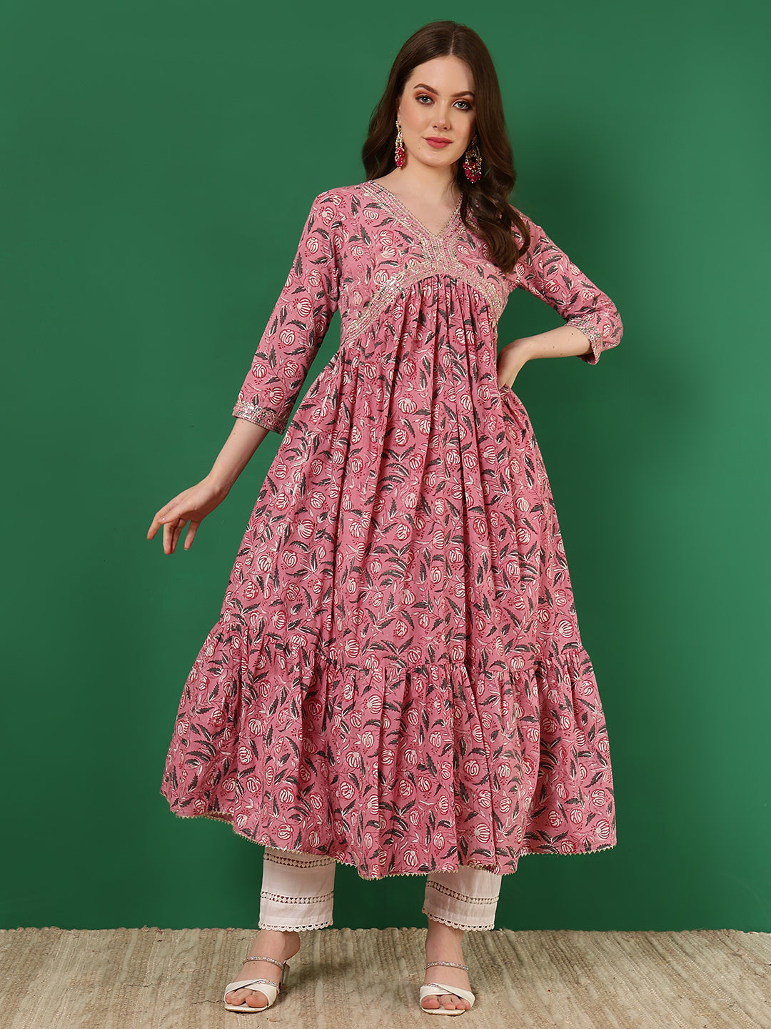 Cotton Printed Embroidered Ankle Length 3/4 Sleeve V-Neck Alia Cut Tiered Kurta