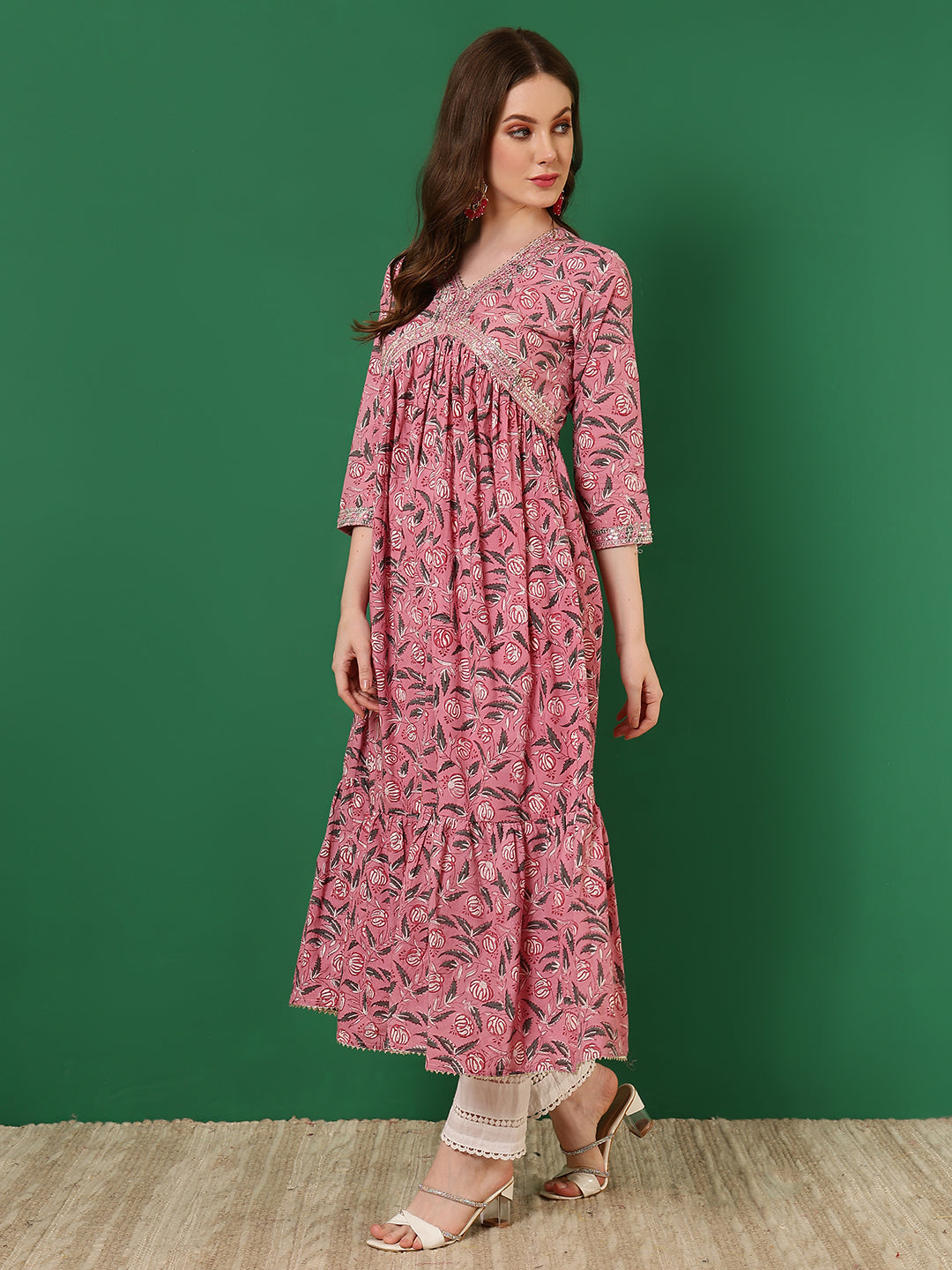 Cotton Printed Embroidered Ankle Length 3/4 Sleeve V-Neck Alia Cut Tiered Kurta