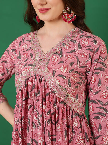 Cotton Printed Embroidered Ankle Length 3/4 Sleeve V-Neck Alia Cut Tiered Kurta