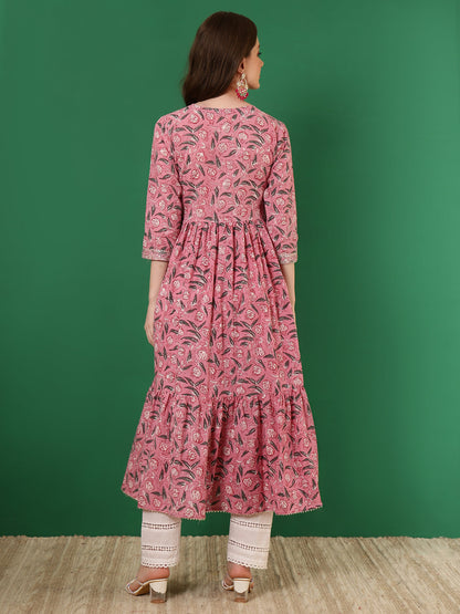 Cotton Printed Embroidered Ankle Length 3/4 Sleeve V-Neck Alia Cut Tiered Kurta