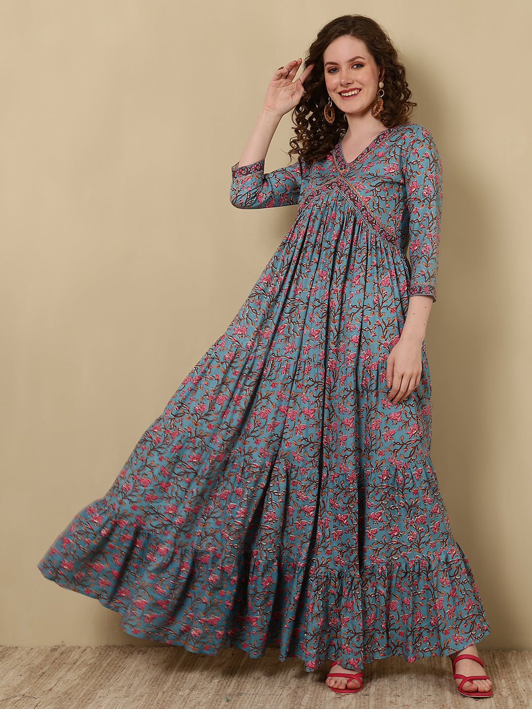 Rayon Printed Ankle Length 3/4 Sleeve V-Neck Alia Cut Tiered Kurta