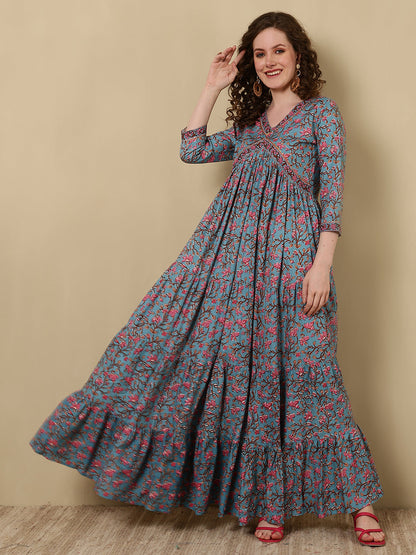 Rayon Printed Ankle Length 3/4 Sleeve V-Neck Alia Cut Tiered Kurta