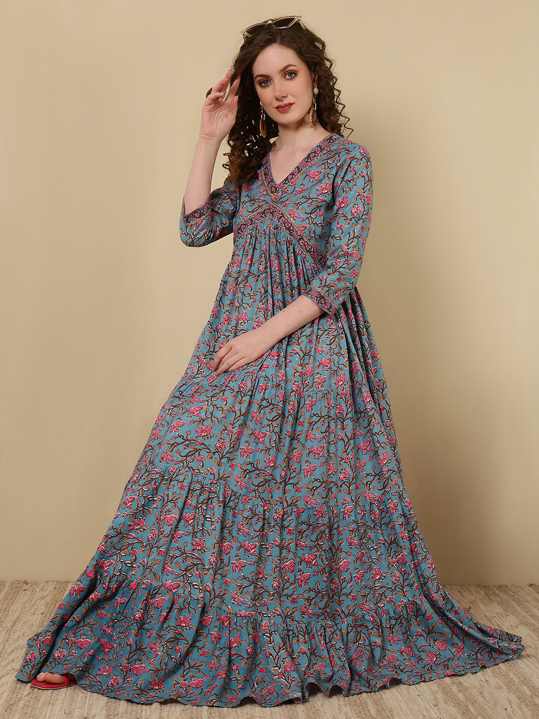 Rayon Printed Ankle Length 3/4 Sleeve V-Neck Alia Cut Tiered Kurta