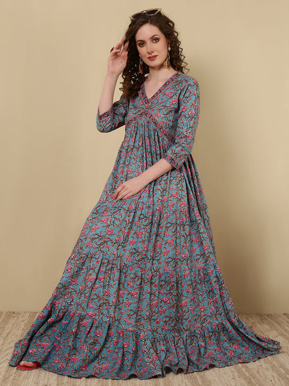 Rayon Printed Ankle Length 3/4 Sleeve V-Neck Alia Cut Tiered Kurta