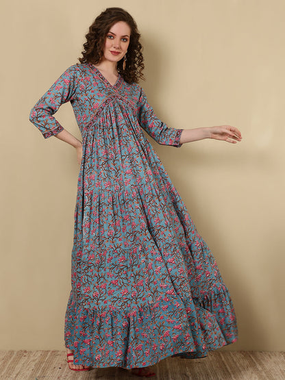 Rayon Printed Ankle Length 3/4 Sleeve V-Neck Alia Cut Tiered Kurta