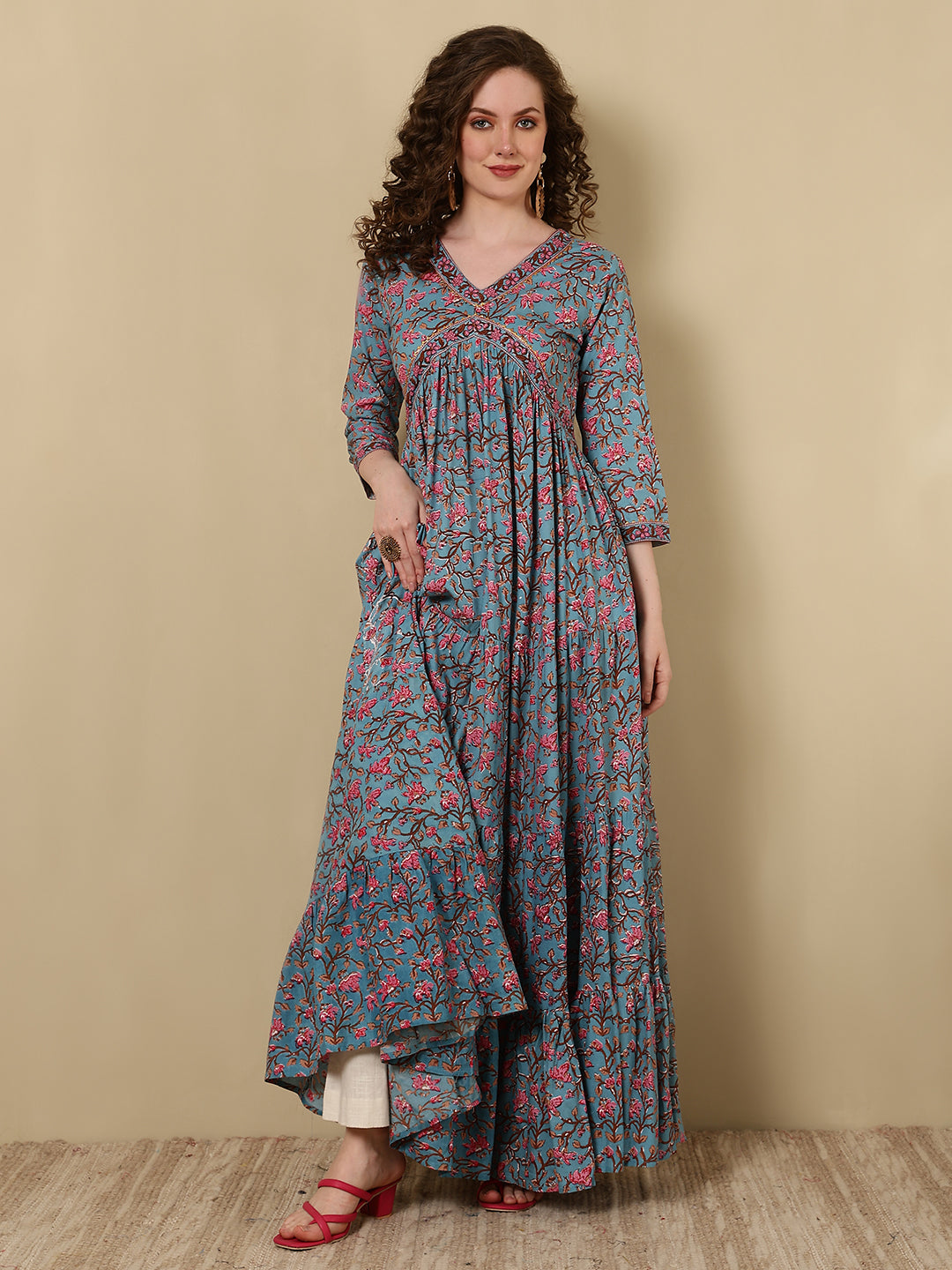 Rayon Printed Ankle Length 3/4 Sleeve V-Neck Alia Cut Tiered Kurta