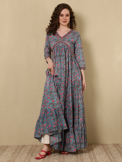 Rayon Printed Ankle Length 3/4 Sleeve V-Neck Alia Cut Tiered Kurta