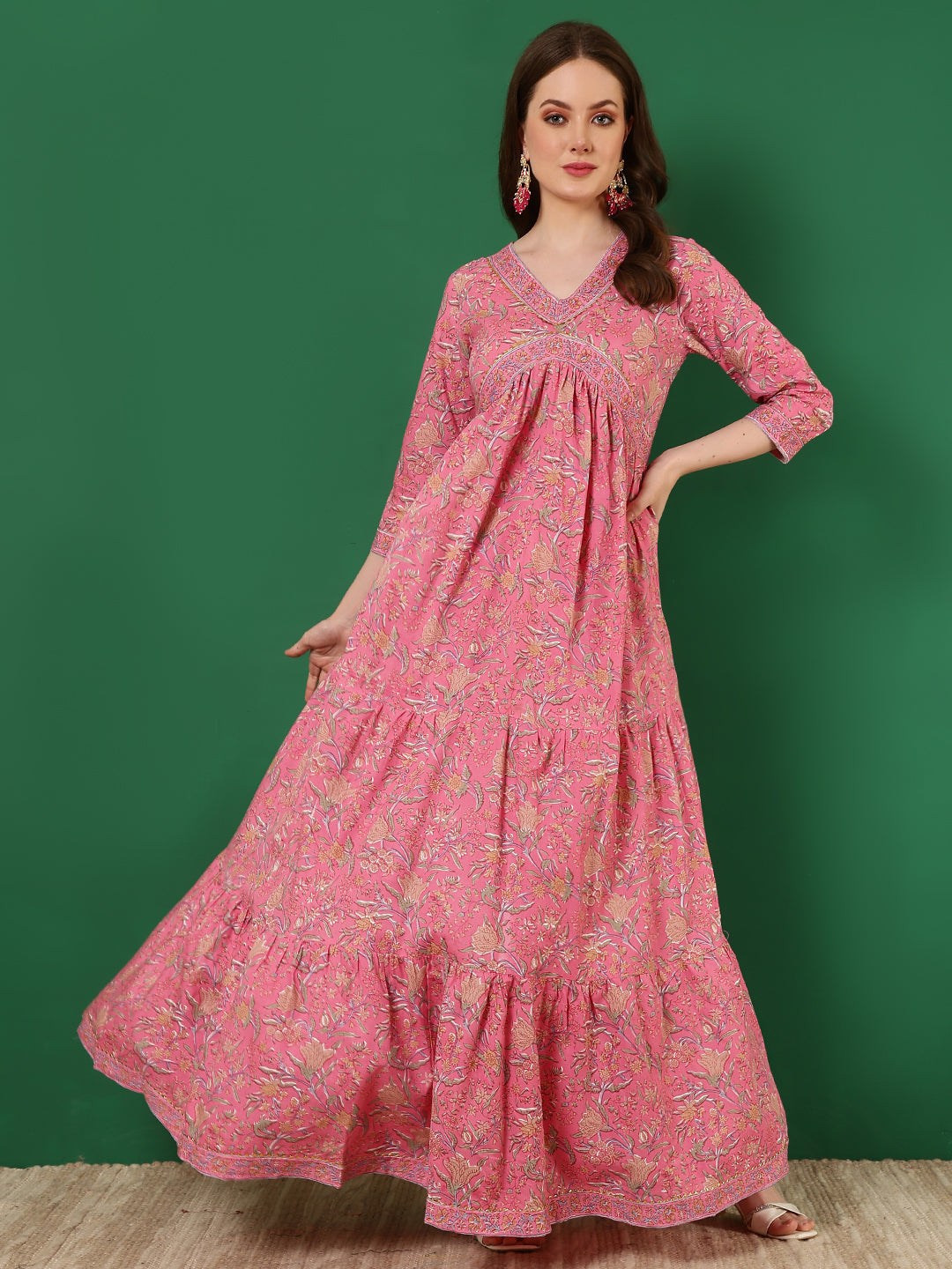 Cotton Printed Ankle Length 3/4 Sleeve V-Neck Alia Cut Tiered Kurta