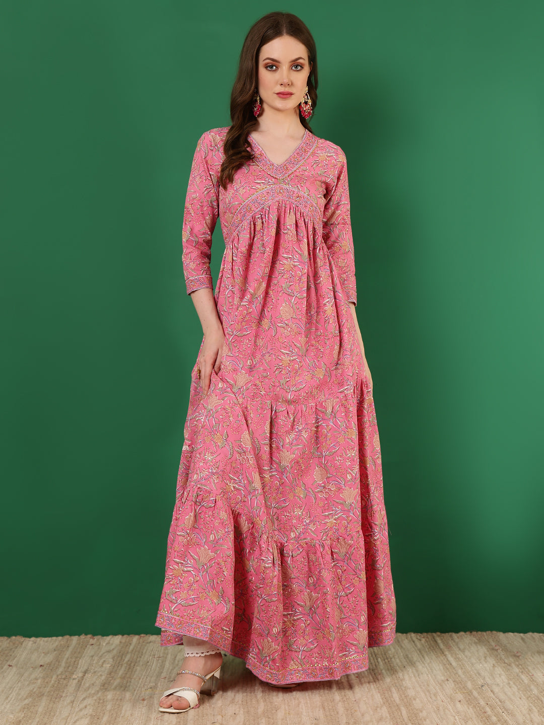 Cotton Printed Ankle Length 3/4 Sleeve V-Neck Alia Cut Tiered Kurta