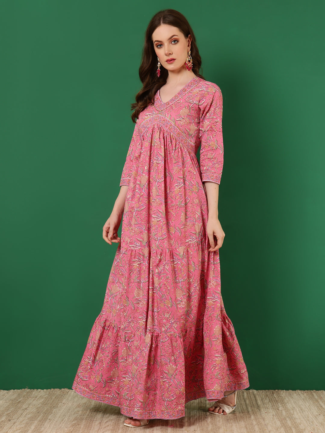 Cotton Printed Ankle Length 3/4 Sleeve V-Neck Alia Cut Tiered Kurta