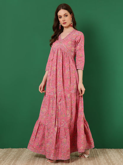 Cotton Printed Ankle Length 3/4 Sleeve V-Neck Alia Cut Tiered Kurta
