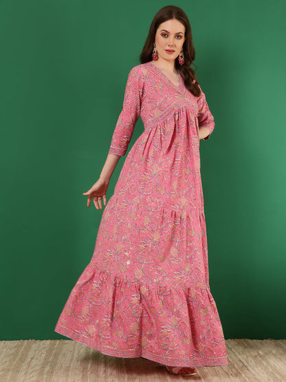 Cotton Printed Ankle Length 3/4 Sleeve V-Neck Alia Cut Tiered Kurta