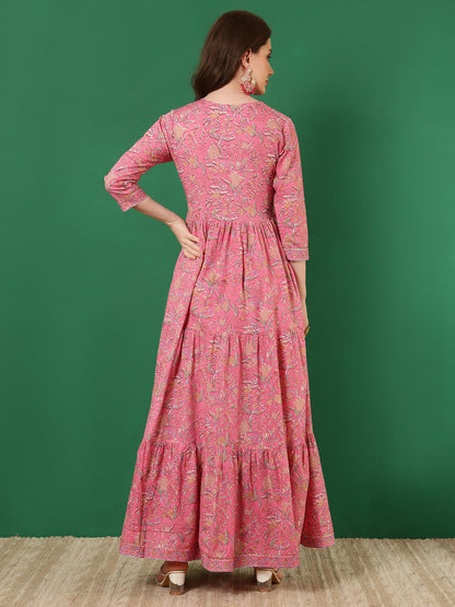 Cotton Printed Ankle Length 3/4 Sleeve V-Neck Alia Cut Tiered Kurta