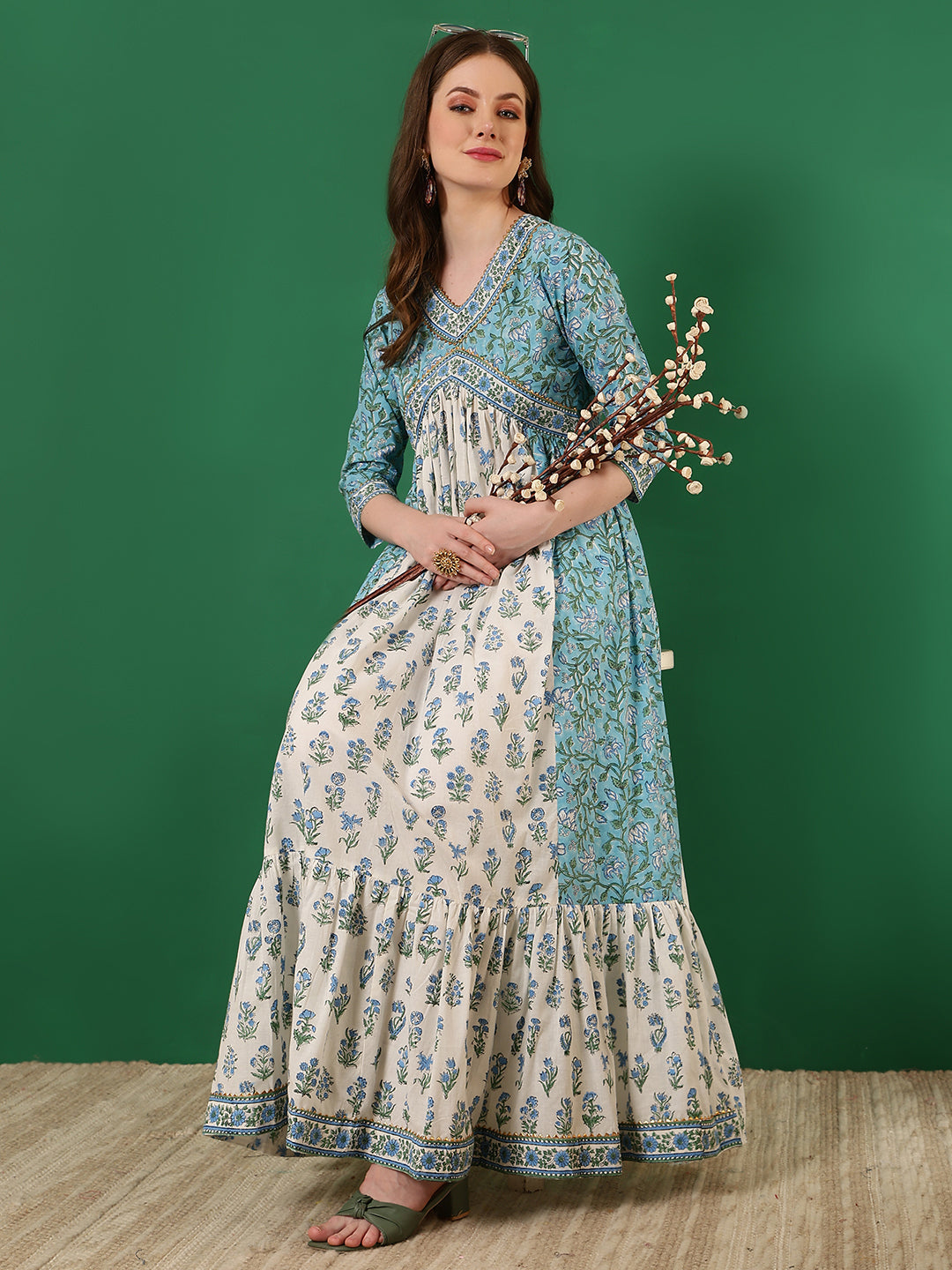 Cotton Printed Ankle Length 3/4 Sleeve V-Neck Alia Cut Tiered Kurta