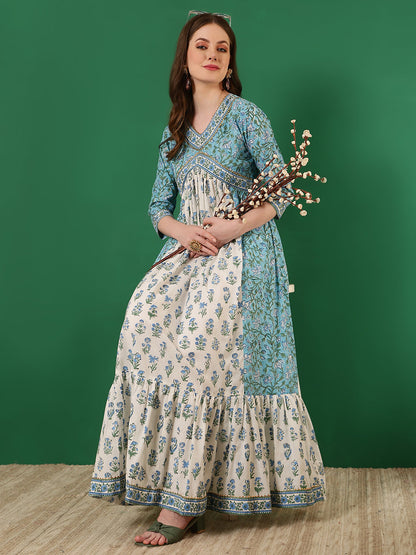 Cotton Printed Ankle Length 3/4 Sleeve V-Neck Alia Cut Tiered Kurta