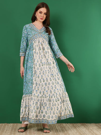 Cotton Printed Ankle Length 3/4 Sleeve V-Neck Alia Cut Tiered Kurta