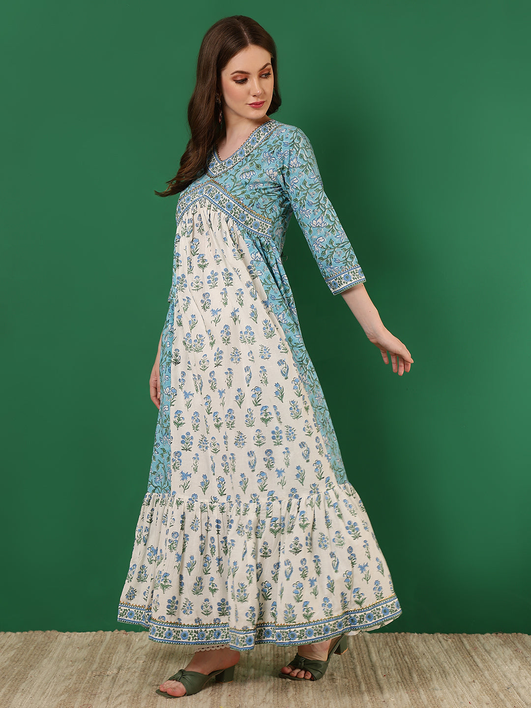 Cotton Printed Ankle Length 3/4 Sleeve V-Neck Alia Cut Tiered Kurta