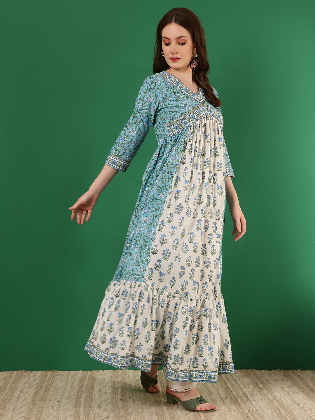 Cotton Printed Ankle Length 3/4 Sleeve V-Neck Alia Cut Tiered Kurta
