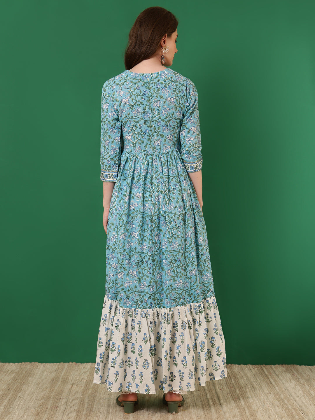 Cotton Printed Ankle Length 3/4 Sleeve V-Neck Alia Cut Tiered Kurta