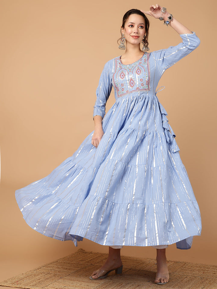 Cotton Lurex Embroidered Ankle Length 3/4 Sleeve Round Neck Tiered Kurta