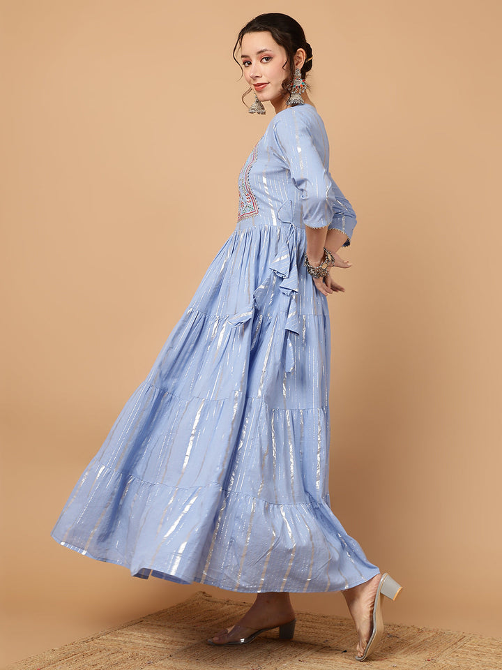 Cotton Lurex Embroidered Ankle Length 3/4 Sleeve Round Neck Tiered Kurta