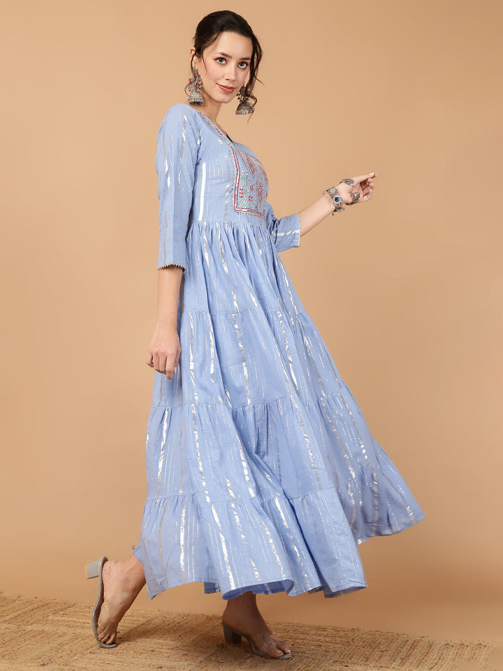 Cotton Lurex Embroidered Ankle Length 3/4 Sleeve Round Neck Tiered Kurta