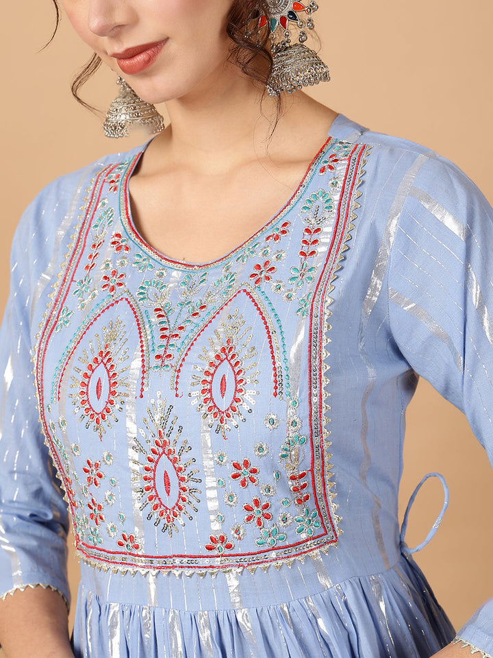 Cotton Lurex Embroidered Ankle Length 3/4 Sleeve Round Neck Tiered Kurta