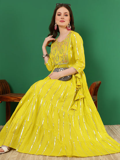 Cotton Lurex Embroidered Ankle Length 3/4 Sleeve Round Neck Tiered Kurta