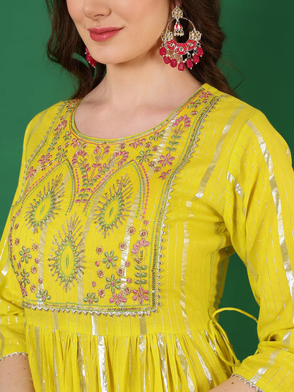 Cotton Lurex Embroidered Ankle Length 3/4 Sleeve Round Neck Tiered Kurta