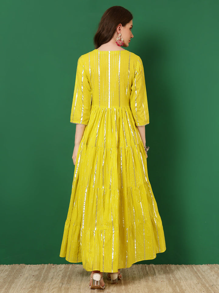 Cotton Lurex Embroidered Ankle Length 3/4 Sleeve Round Neck Tiered Kurta