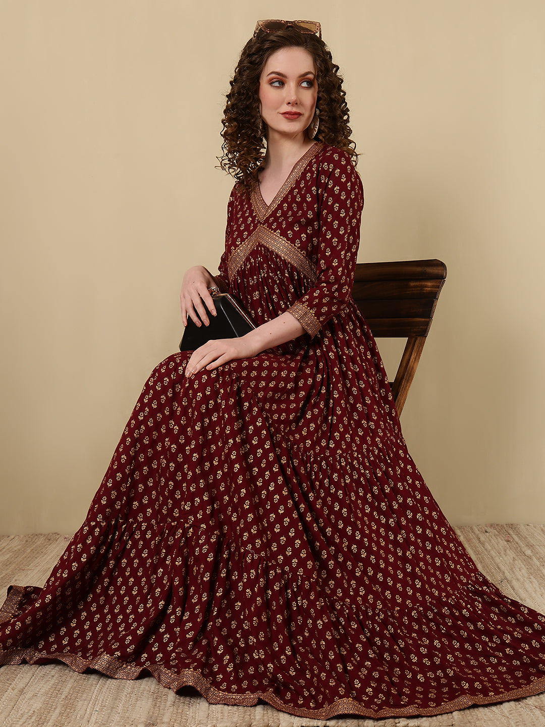 Rayon Printed Ankle Length 3/4 Sleeve V-Neck Alia Cut Tiered Kurta