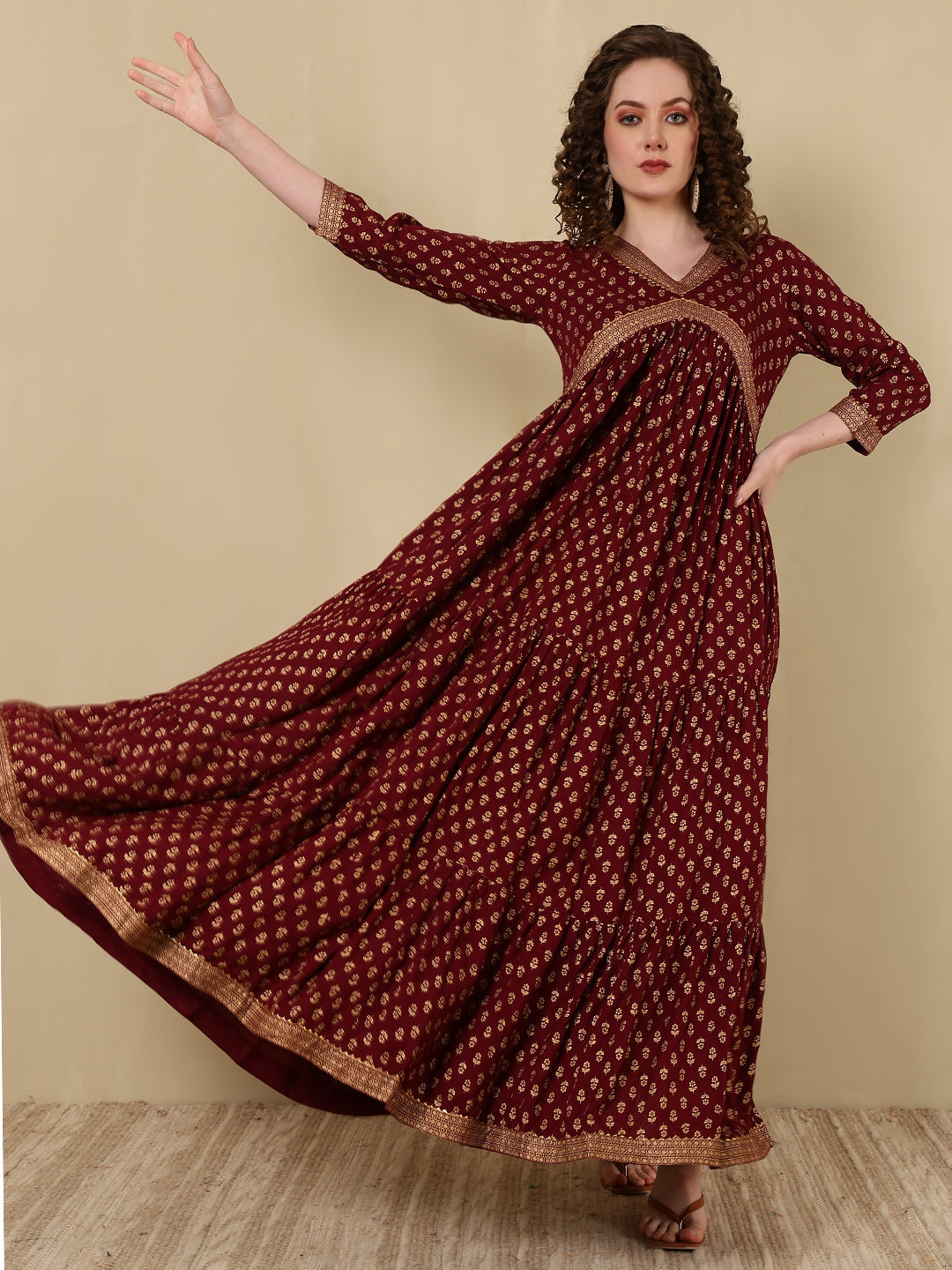 Rayon Printed Ankle Length 3/4 Sleeve V-Neck Alia Cut Tiered Kurta