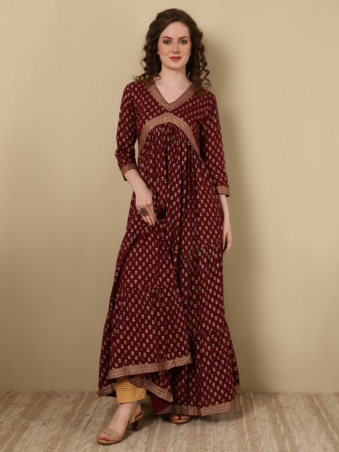 Rayon Printed Ankle Length 3/4 Sleeve V-Neck Alia Cut Tiered Kurta