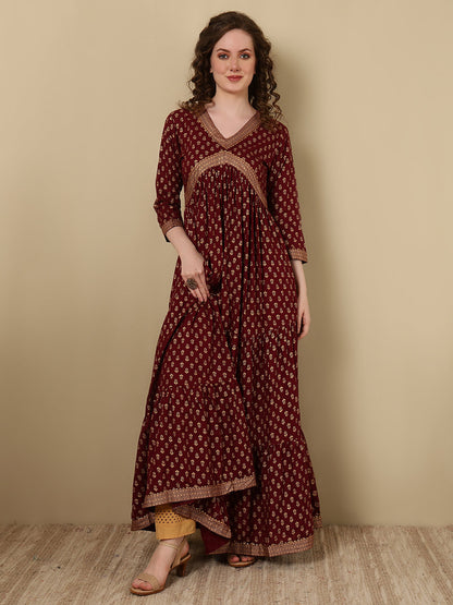 Rayon Printed Ankle Length 3/4 Sleeve V-Neck Alia Cut Tiered Kurta