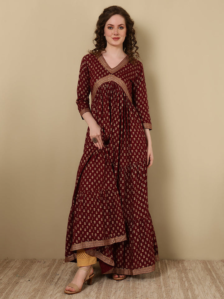 Rayon Printed Ankle Length 3/4 Sleeve V-Neck Alia Cut Tiered Kurta