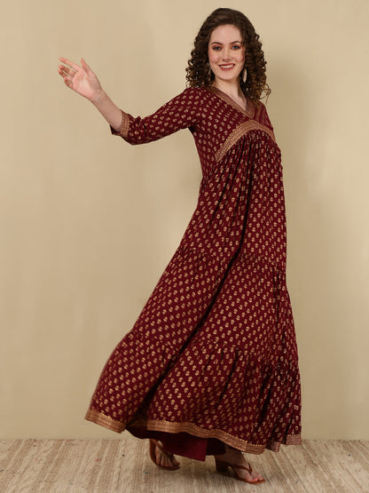 Rayon Printed Ankle Length 3/4 Sleeve V-Neck Alia Cut Tiered Kurta