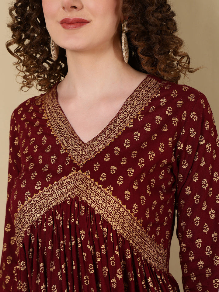 Rayon Printed Ankle Length 3/4 Sleeve V-Neck Alia Cut Tiered Kurta