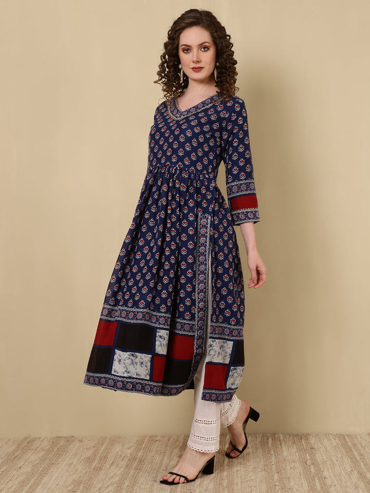 Rayon Printed Ankle Length 3/4 Sleeve V-Neck Nayra Cut Flared Kurta