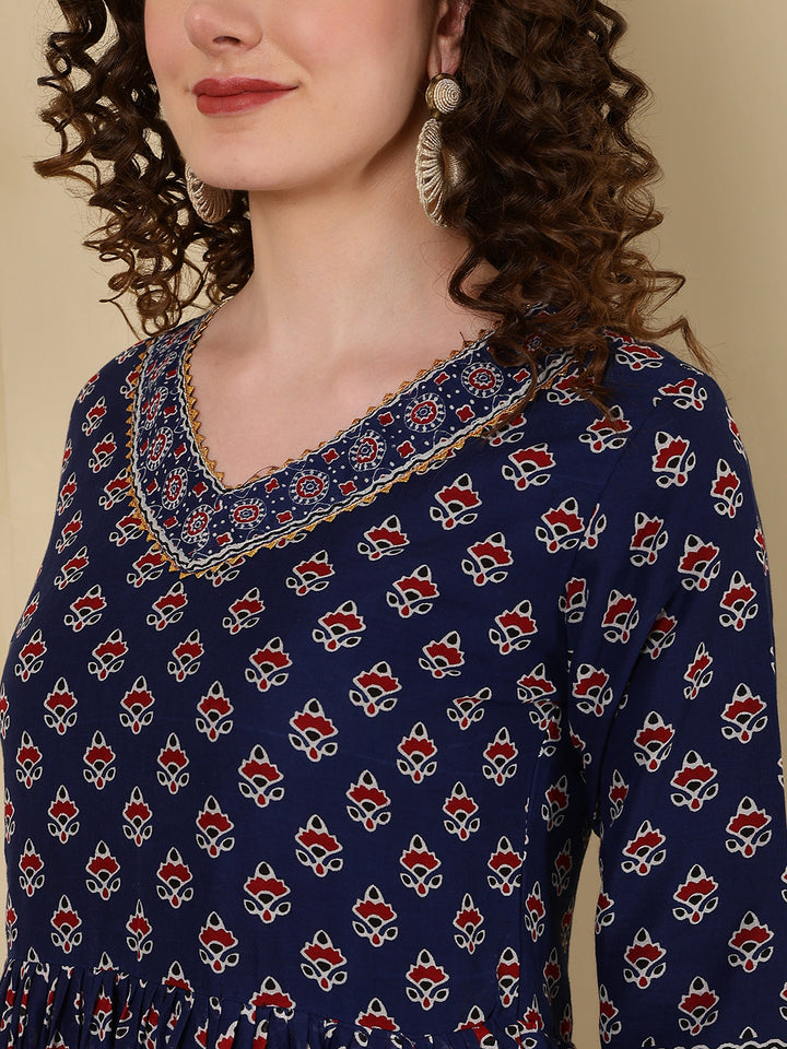 Rayon Printed Ankle Length 3/4 Sleeve V-Neck Nayra Cut Flared Kurta