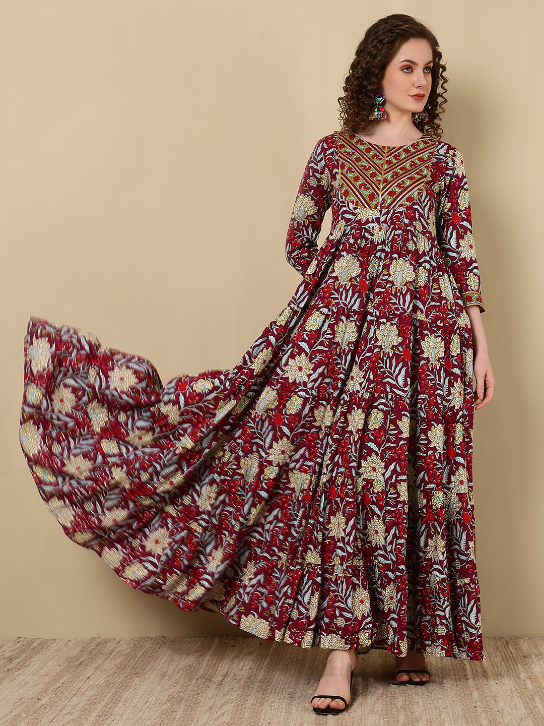 Rayon Printed Ankle Length 3/4 Sleeve Round Neck Tiered Kurta