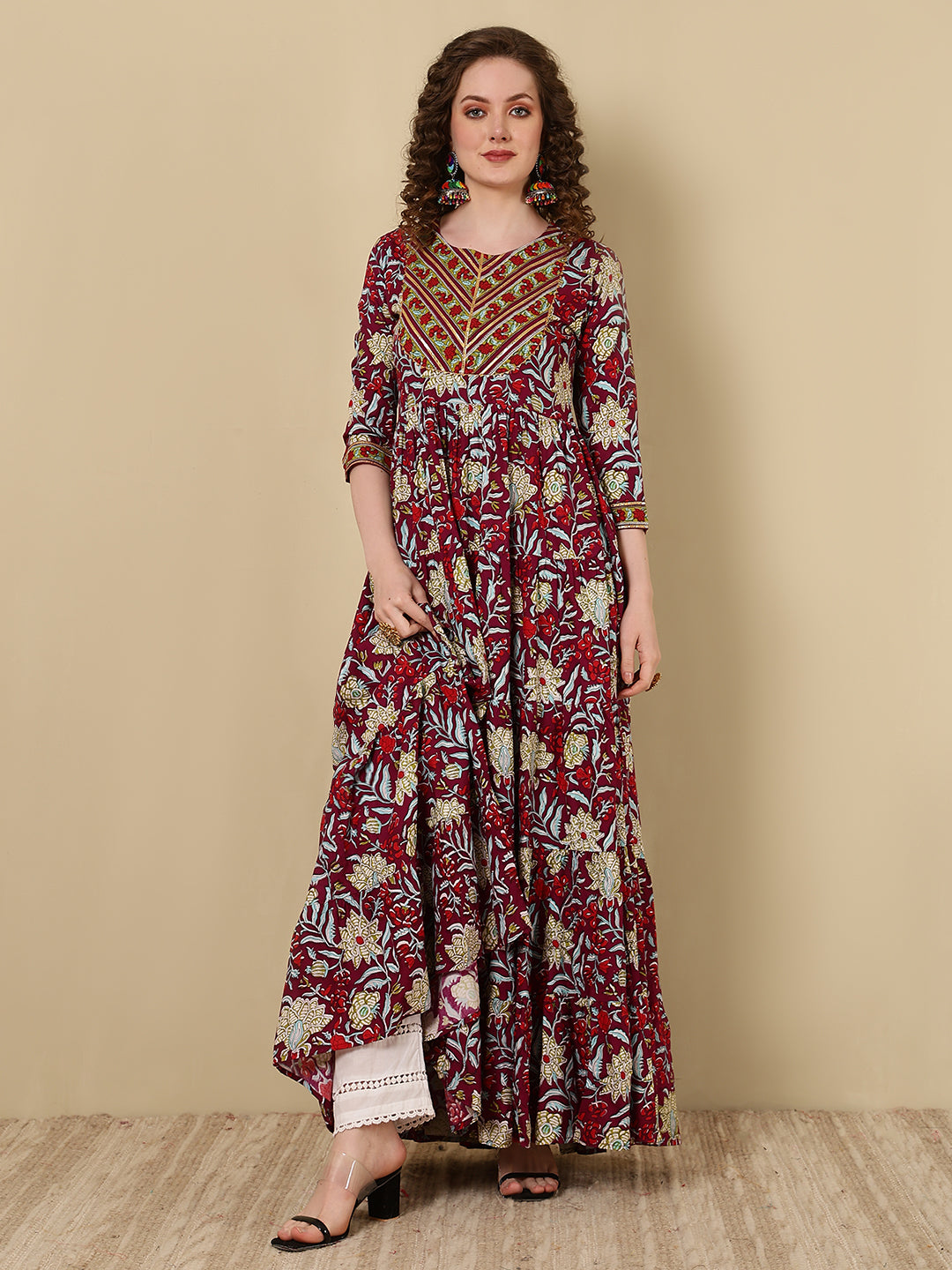 Rayon Printed Ankle Length 3/4 Sleeve Round Neck Tiered Kurta