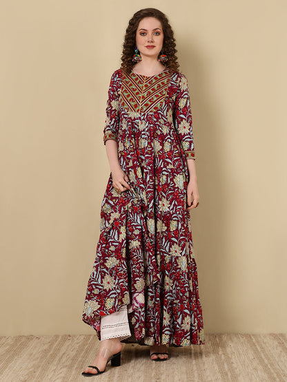 Rayon Printed Ankle Length 3/4 Sleeve Round Neck Tiered Kurta